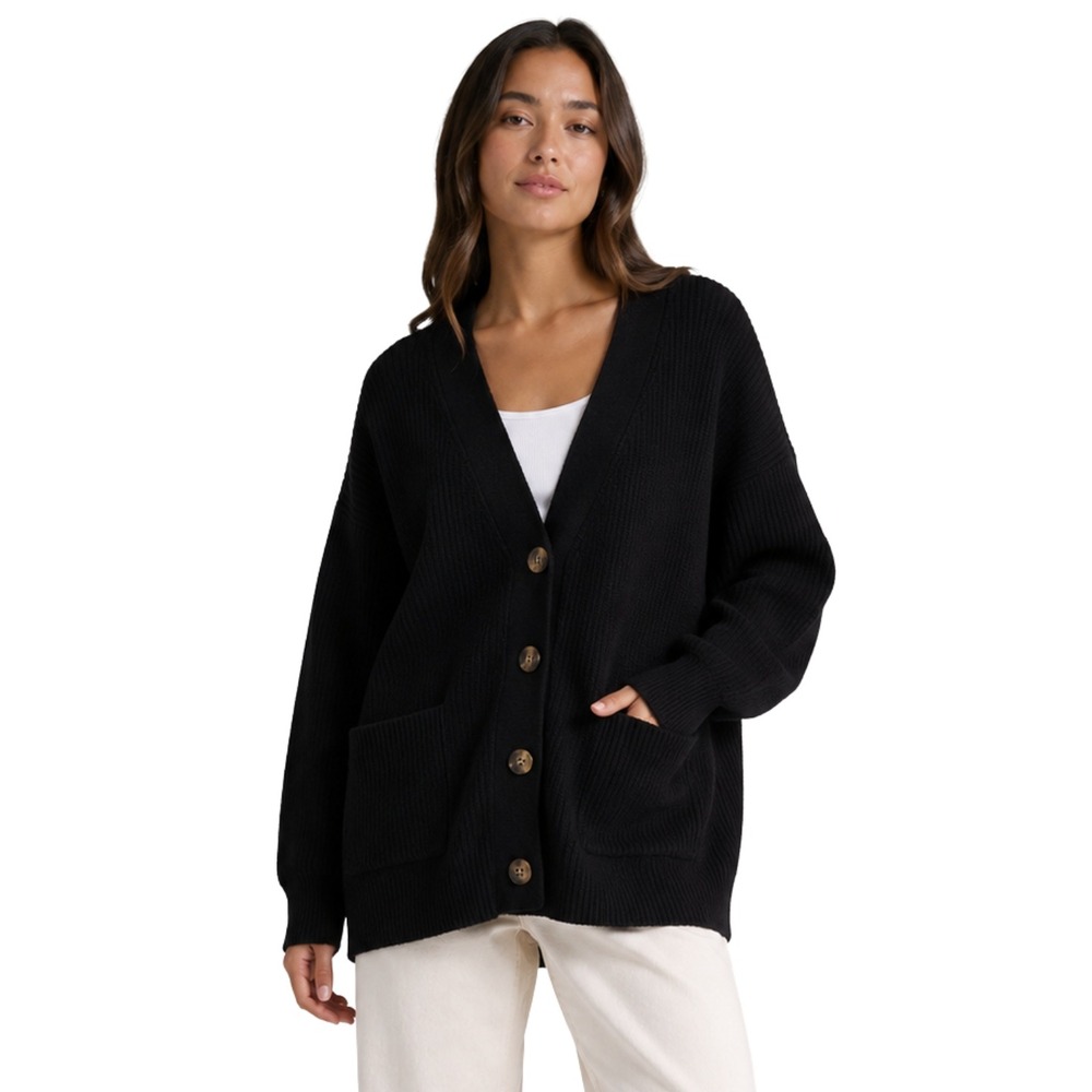 Aerie Cardigan Womens XS Black Oversized Ribbed Knit Button Front Sweater Cotton